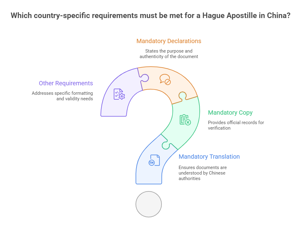 Which country-specific requirements must be met for a Hague Apostille in China