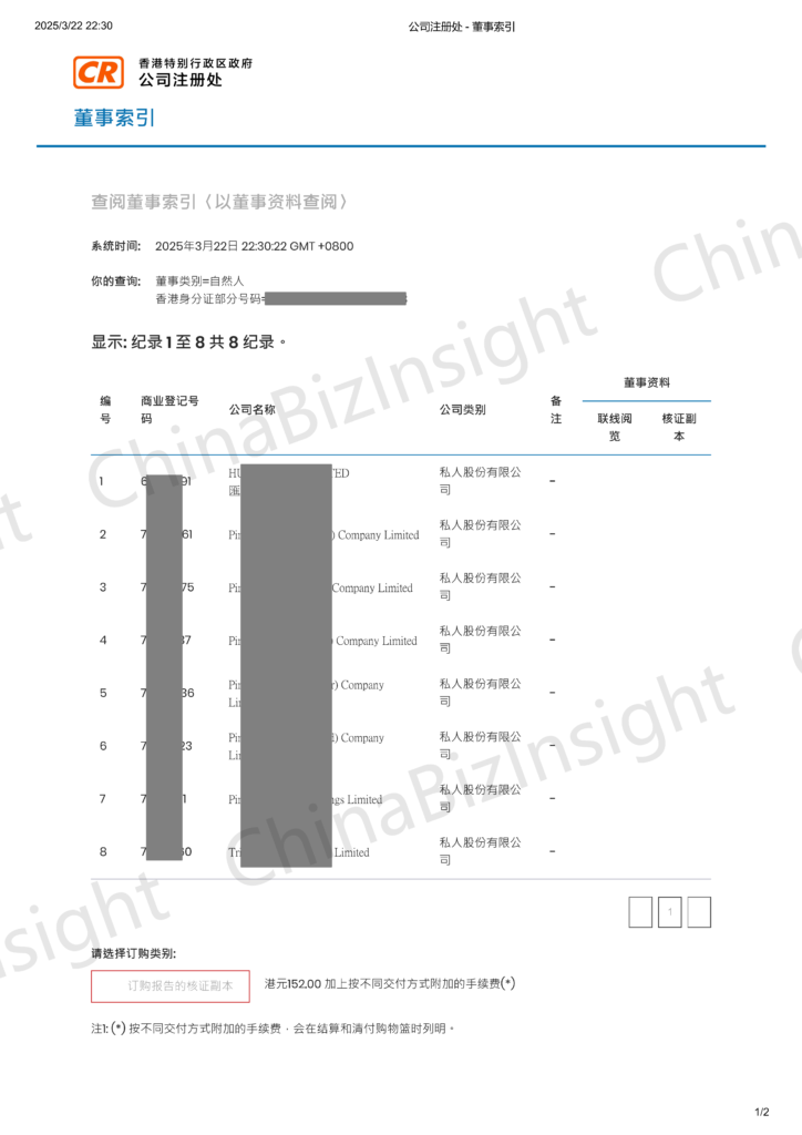 List of Hong Kong companies associated with a particular director